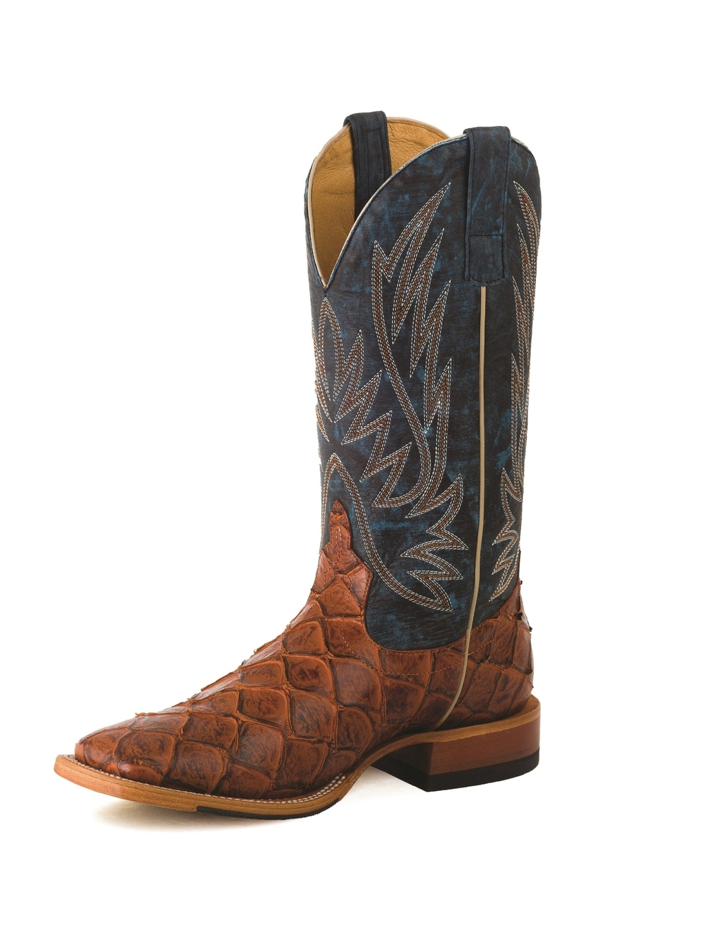 Men's Brown Exotic Leather Western Boot with Blue Embroidered Shaft